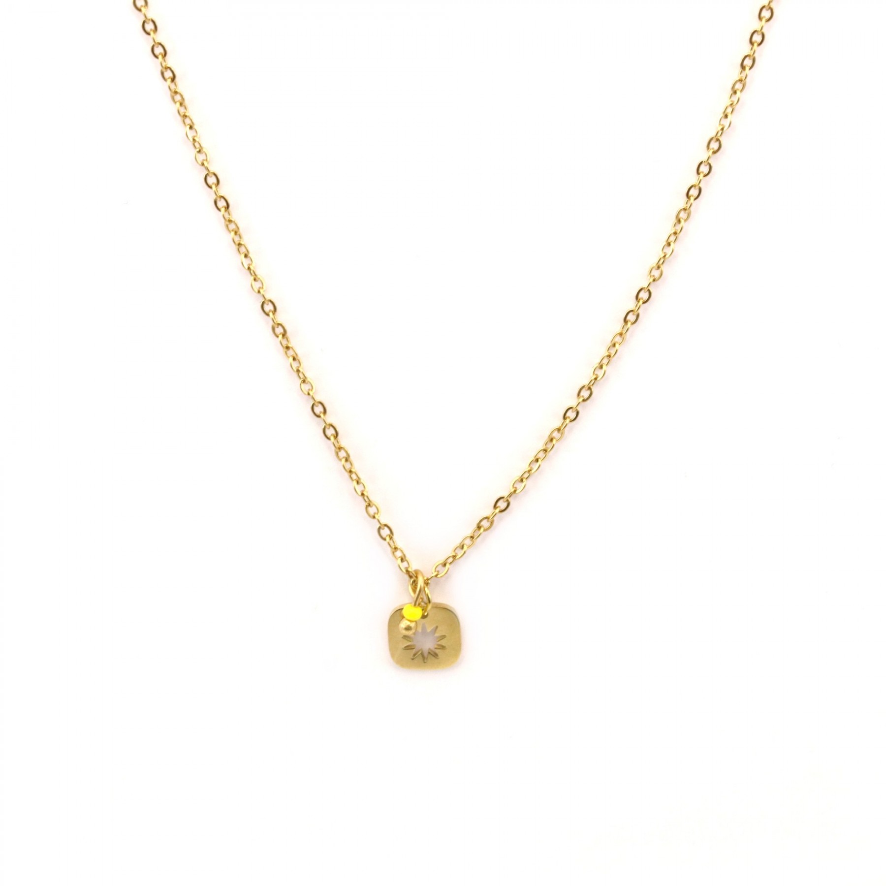 Collier pendentif solaire pampille carrée, perle jaune - acier inoxydable doré - identités bijoux clermont-ferrand