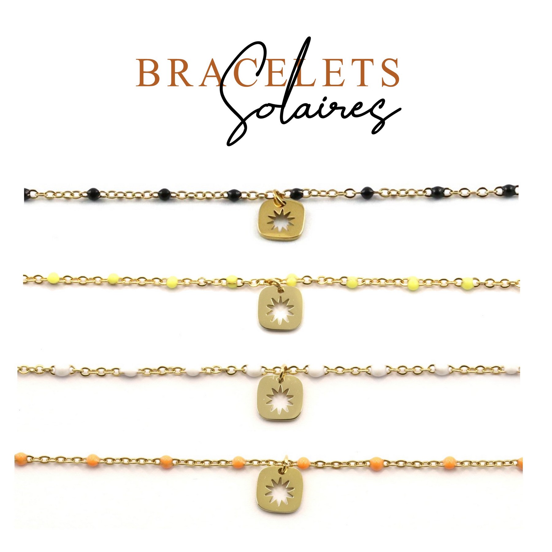 Bracelet pampille soleil carrée - identités bijoux acier - chaîne émaillée